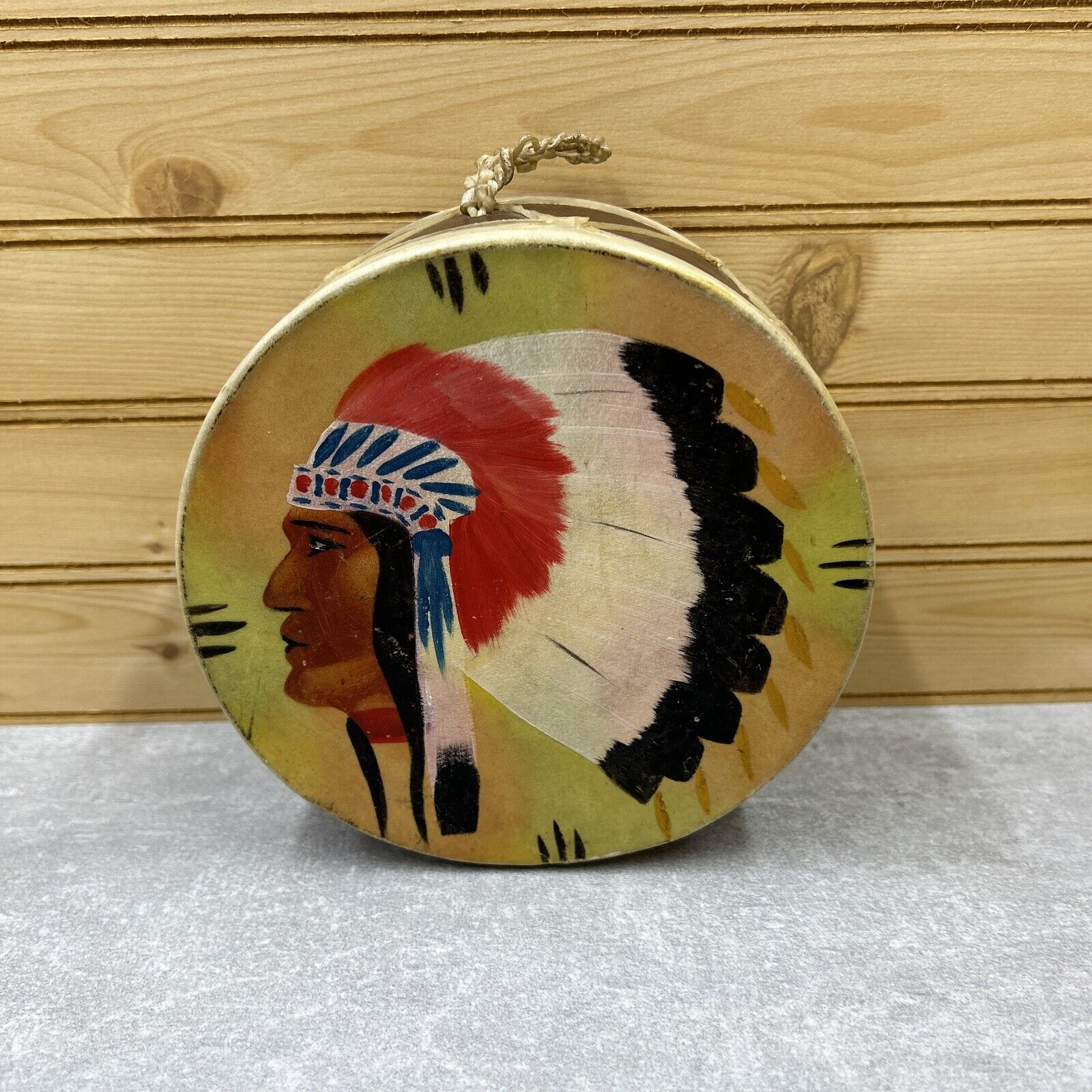 Vintage Native American Indian DRUM Rawhide Hand Painted 6” Round