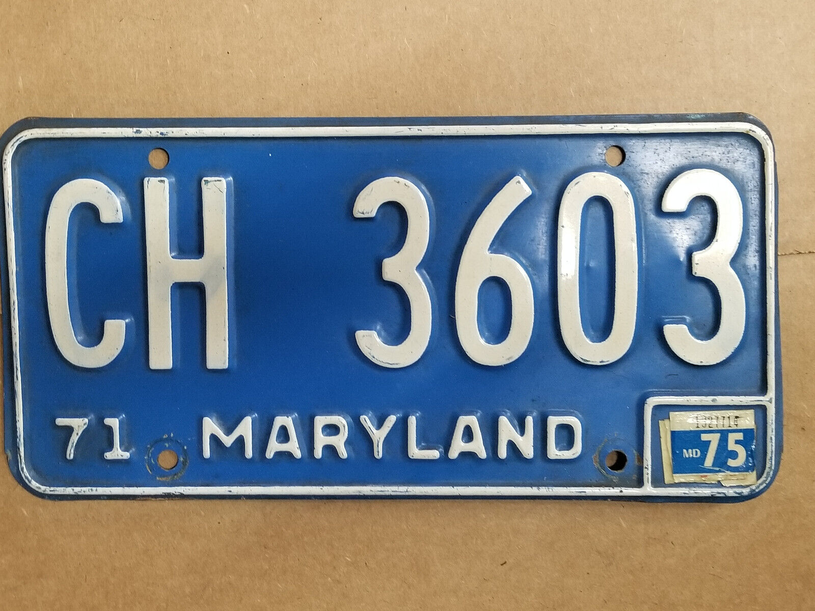 Vintage 1971 Maryland License Plate CH 3603 Blue & White Expired Plate
