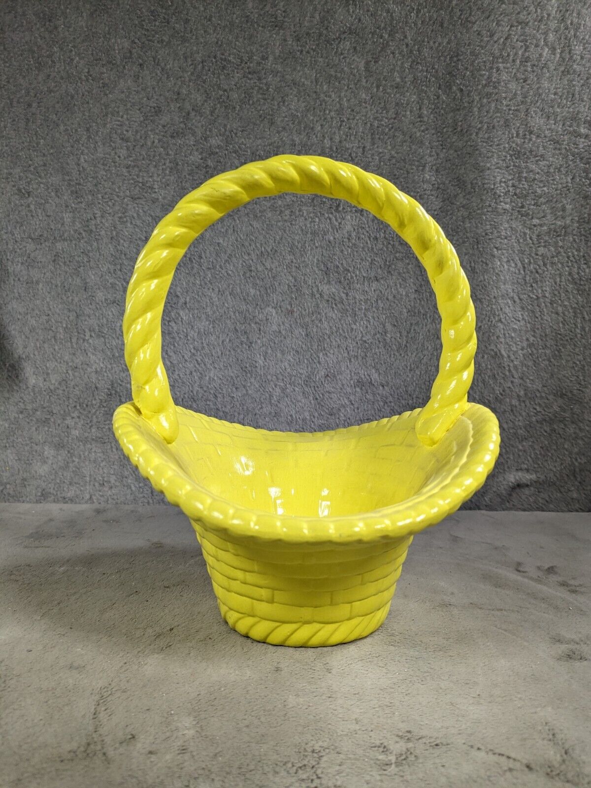 Vintage 70\'s Handmade Yellow Ceramic Easter Basket Floral Planter 9\