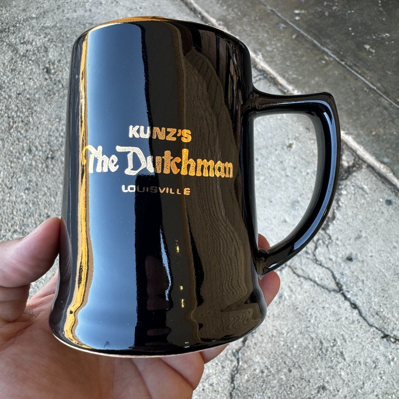 VTG KUNZ\'s THE DUTCHMAN Coffee Mug - Black w/ Gold Trim - Lousville, KY Kentucky