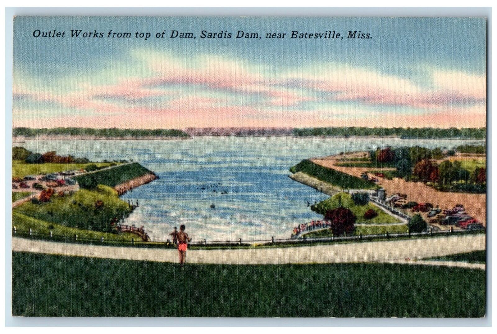 c1940\'s Outlet Works From Top Of Dam Sardis Dam Near Batesville MS Tree Postcard