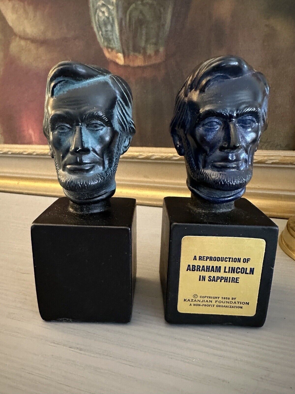 Vintage Reproduction Abraham Lincoln in Sapphire 1958 Kazanjian Foundation Bust