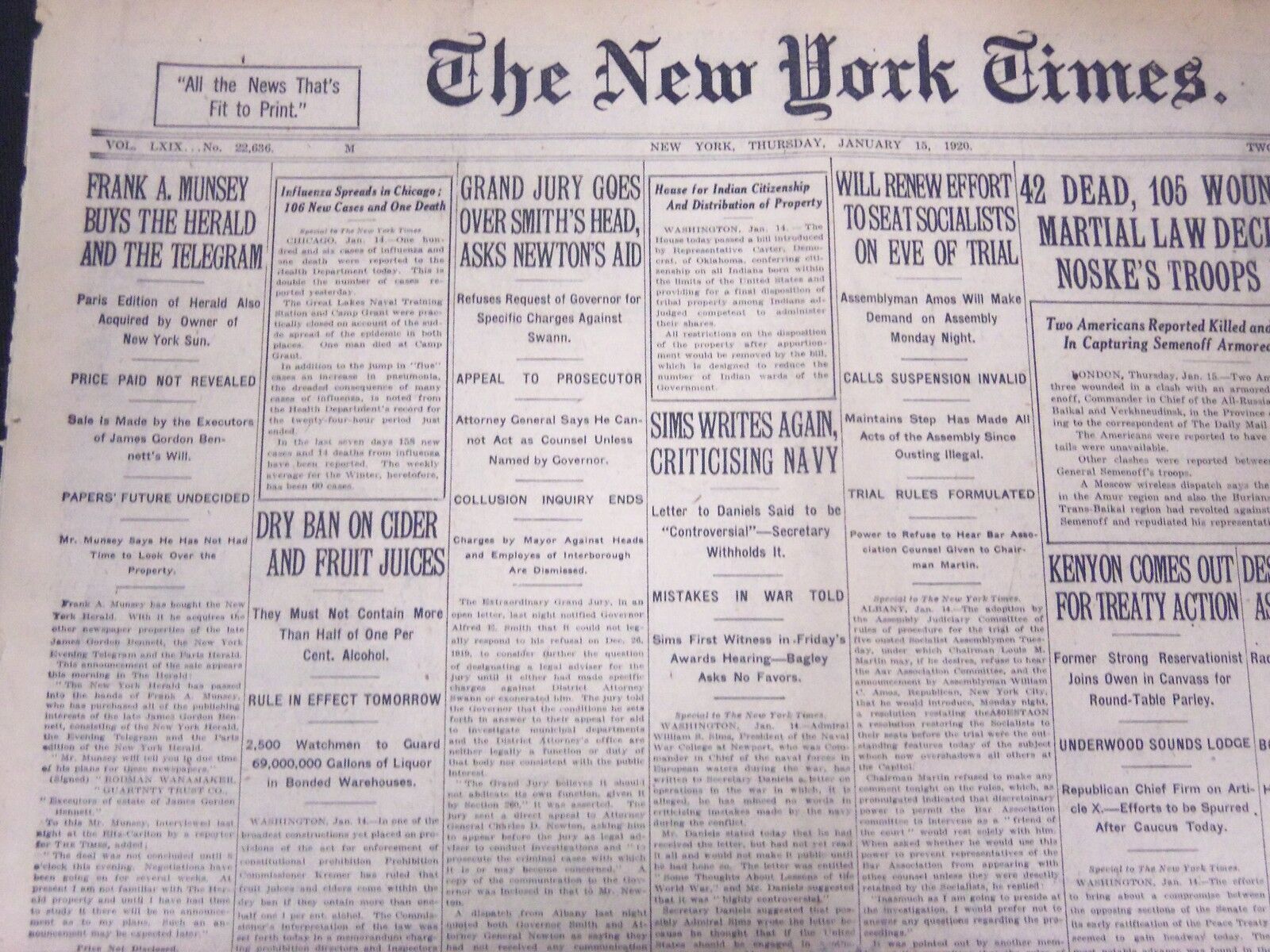 1920 JANUARY 15 NEW YORK TIMES - FRANK MUNSEY BUYS THE HERALD - NT 5374