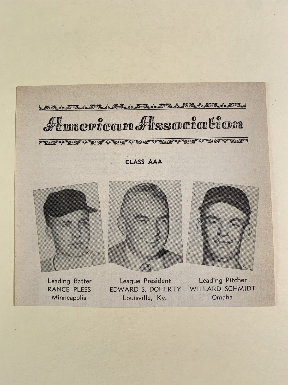 Willard Schmidt Omaha Cardinals Rance Pless Minneapolis 1955 Baseball 5X4 Panel