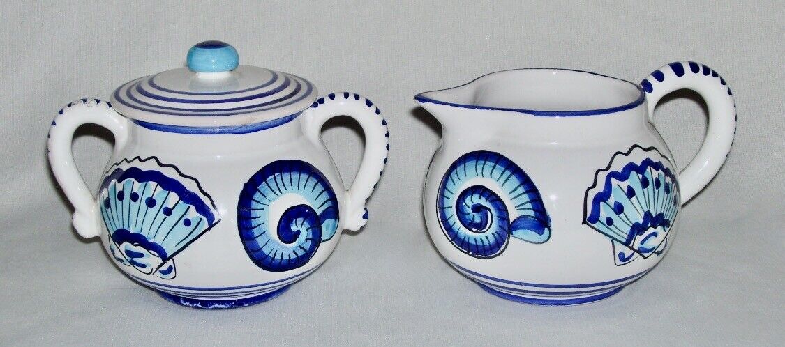 STARBUCKS ~ Handmade CREAMER & LIDDED SUGAR BOWL (Blue Shells) ~ Deruta of Italy