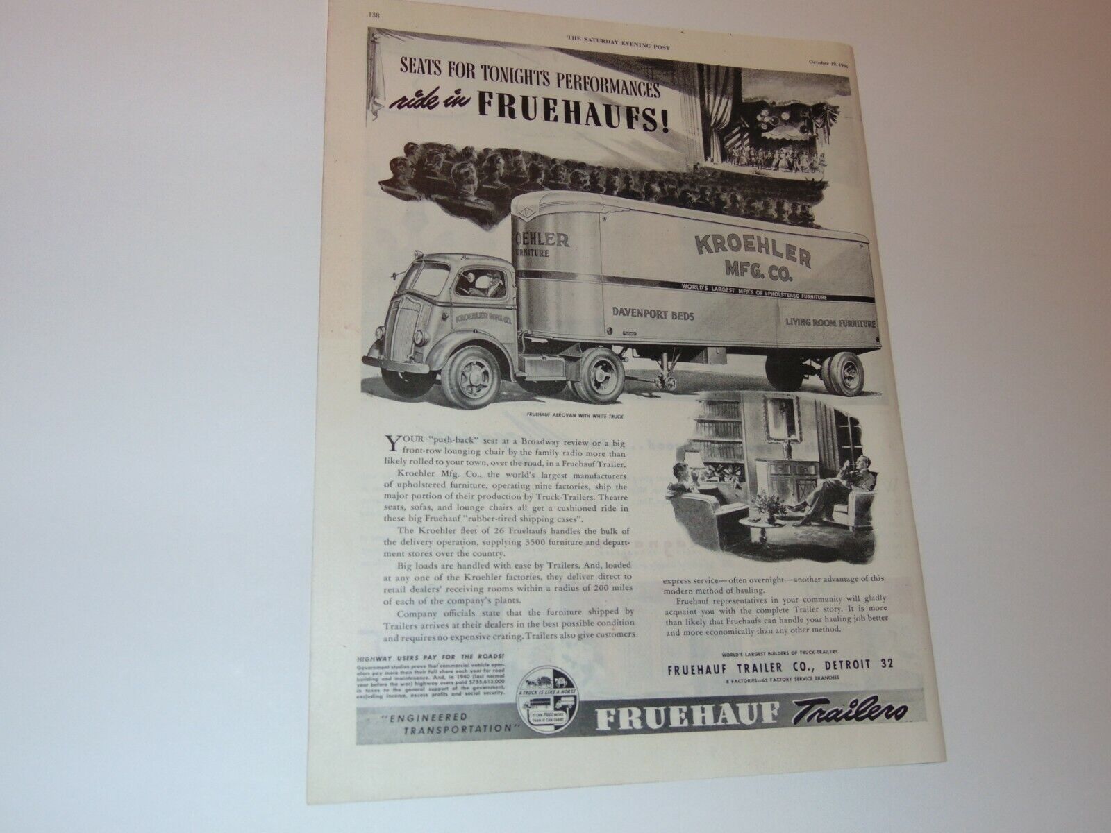 1946 FRUEHAUF TRAILERS Deliver for KROEHLER MFG. CO art print ad