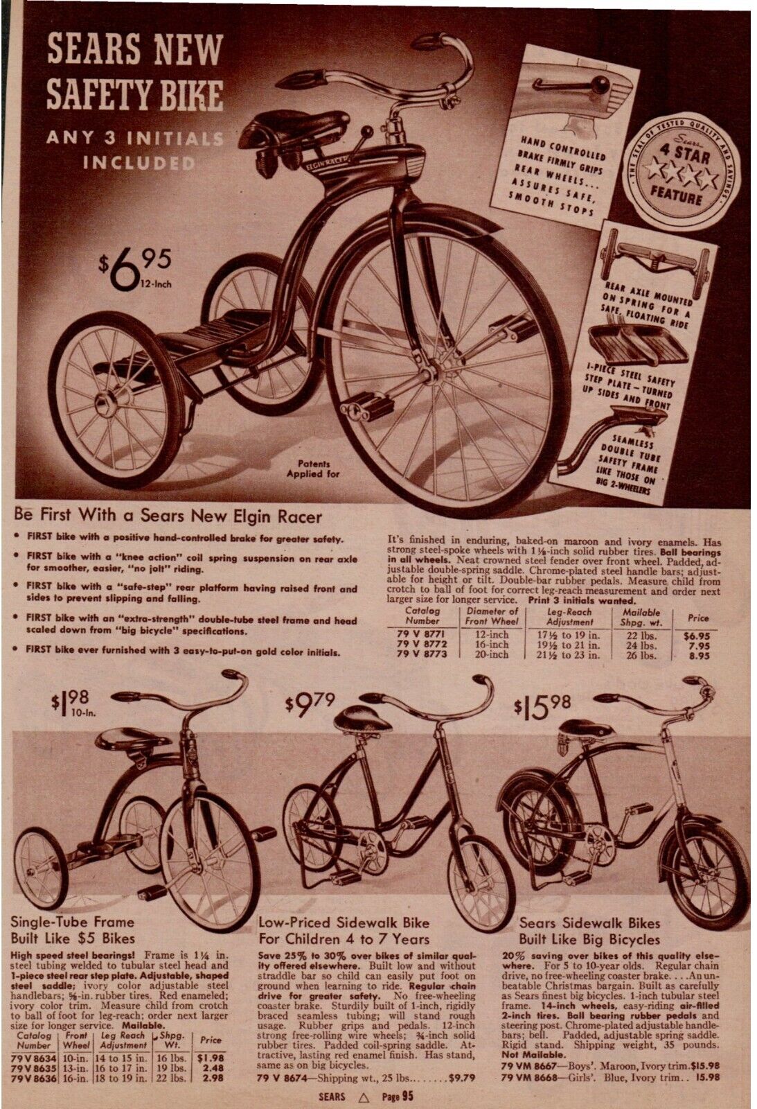 Late 1930\'s Sears Catalog Page #95 Elgin Racer Tricycle Bike Streamline Zephyr