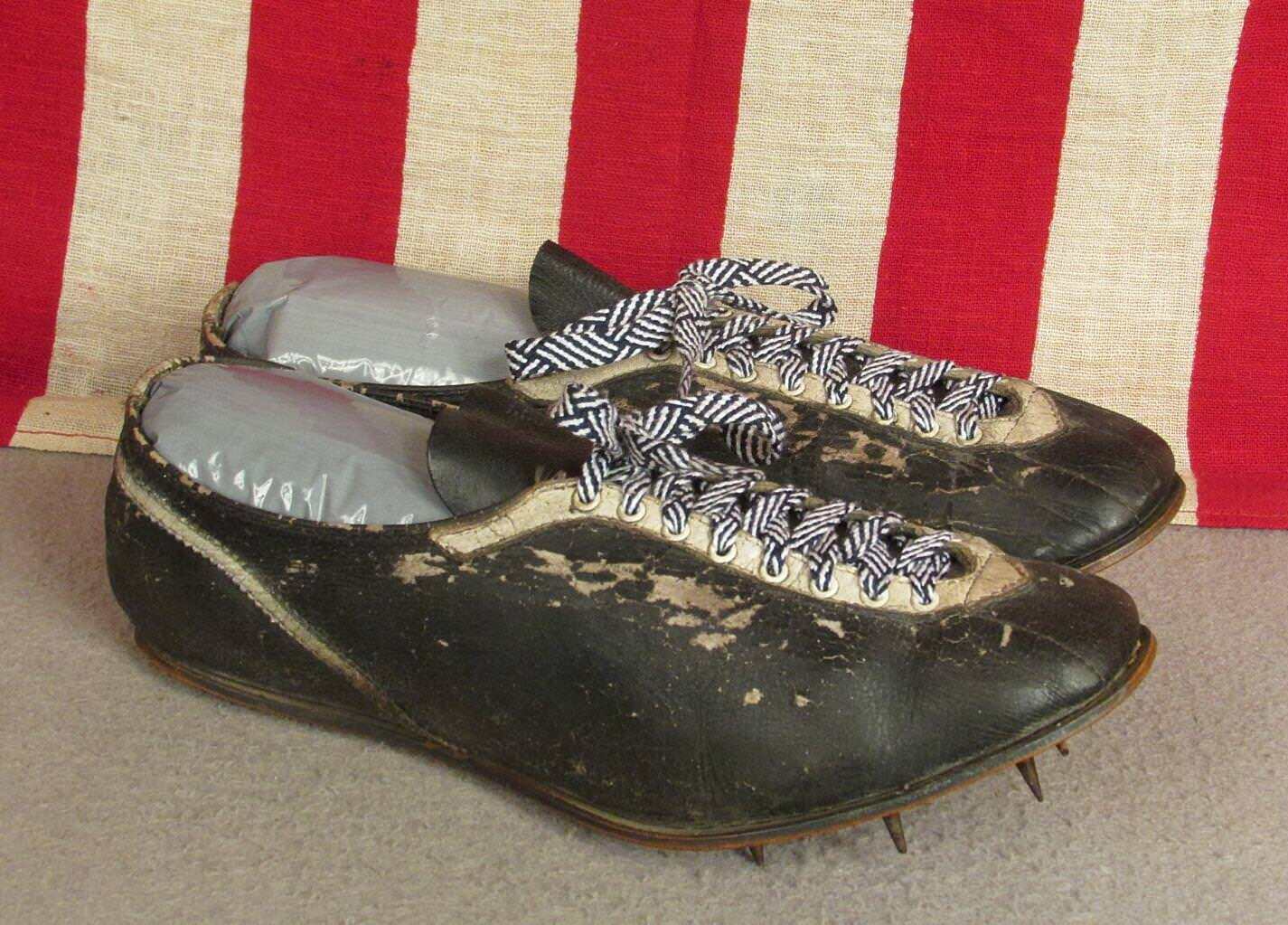 Vintage 1950s Black & White Leather Track Shoes Sprinters Spikes Sz.8 Display