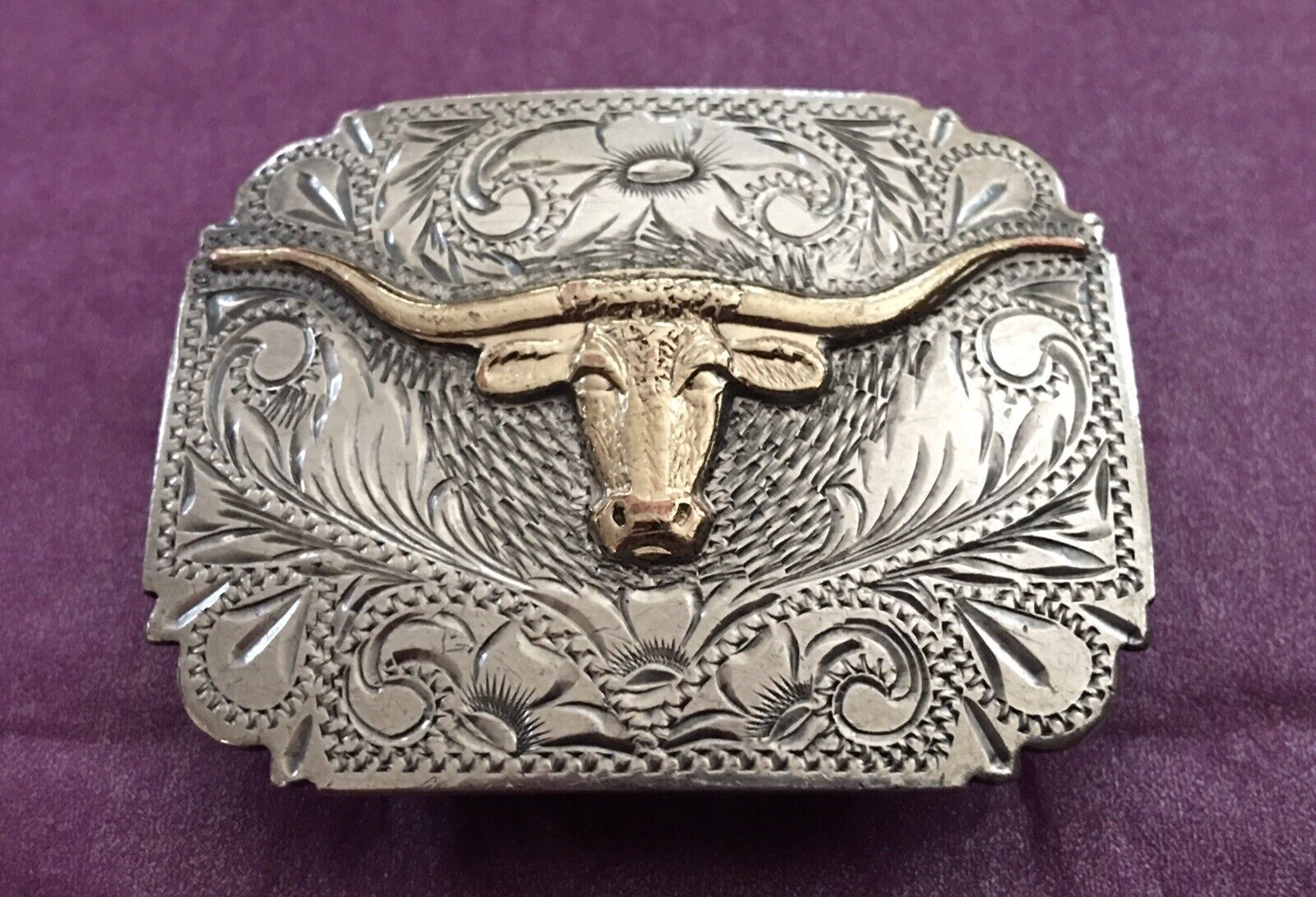 Vintage Keyston SF CA USA Sterling Silver & 14K Gold Longhorn Steer Belt Buckle