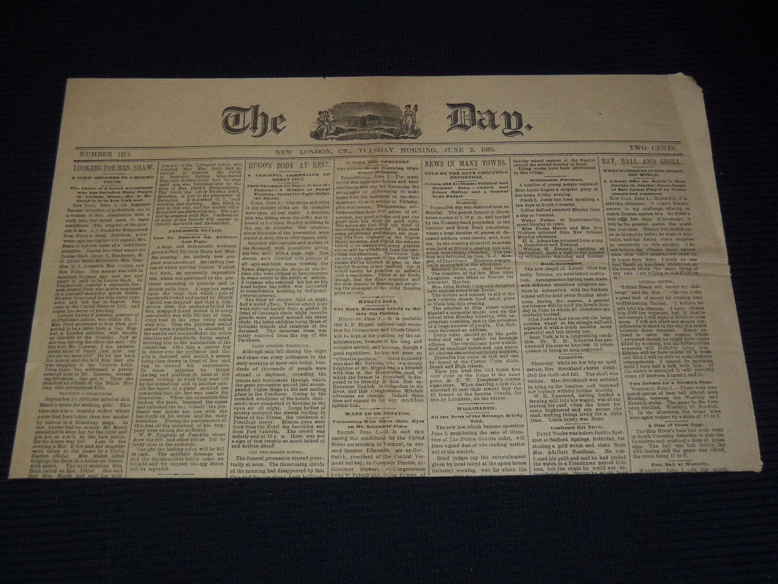 1885 JUNE 2 THE DAY NEWSPAPER - VICTOR HUGO FUNERAL - BASEBALL - NP 2152D