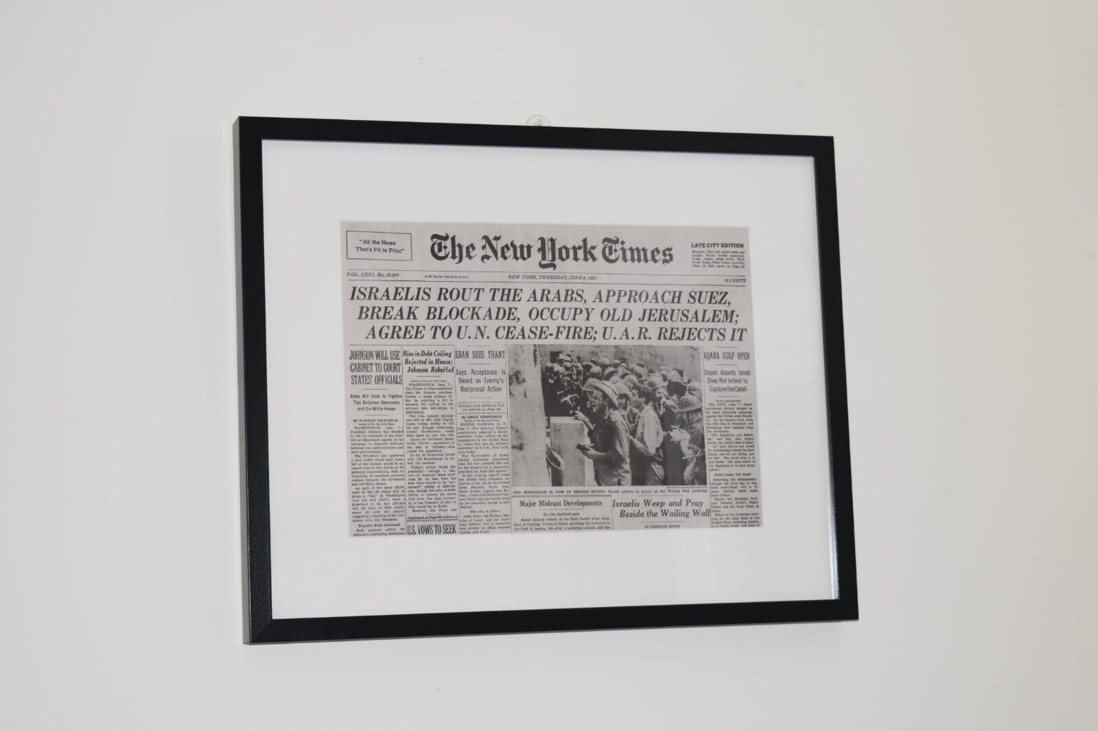 Framed NY Times of June 8, 1967 | Israel Captures Jerusalem's Old City | Reprint