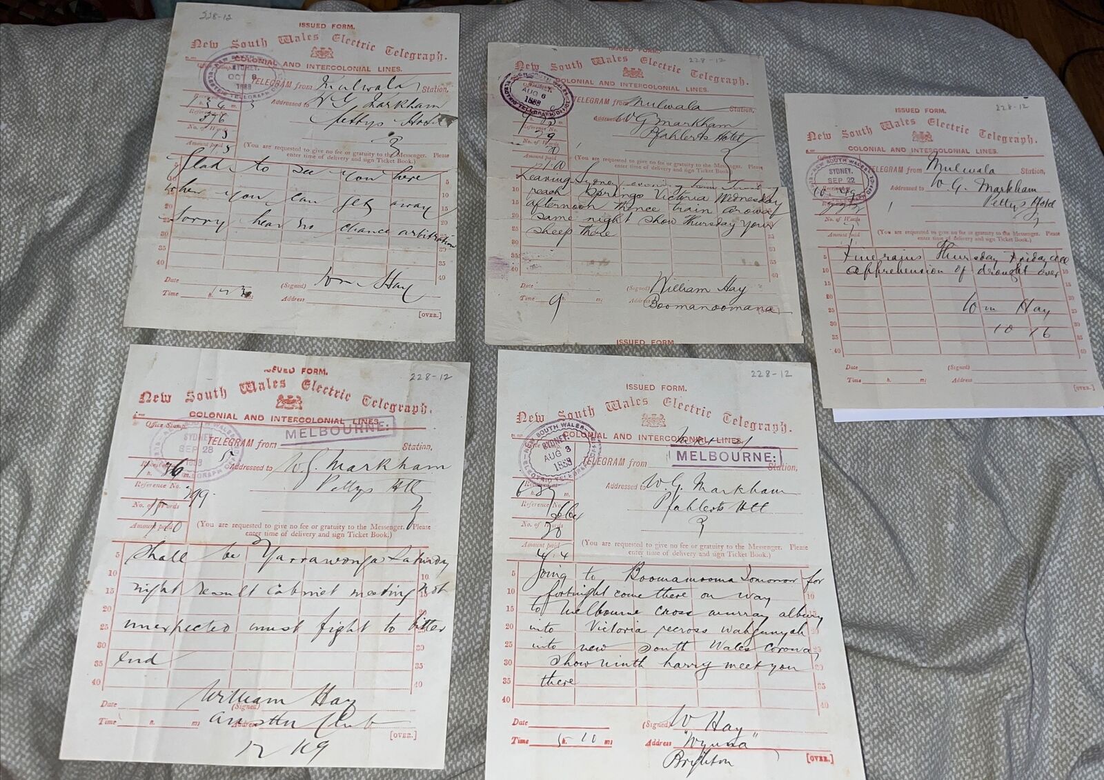 5 1888 Sydney Telegraphs from Boomanoomana Station Owner to Sheep Businessman