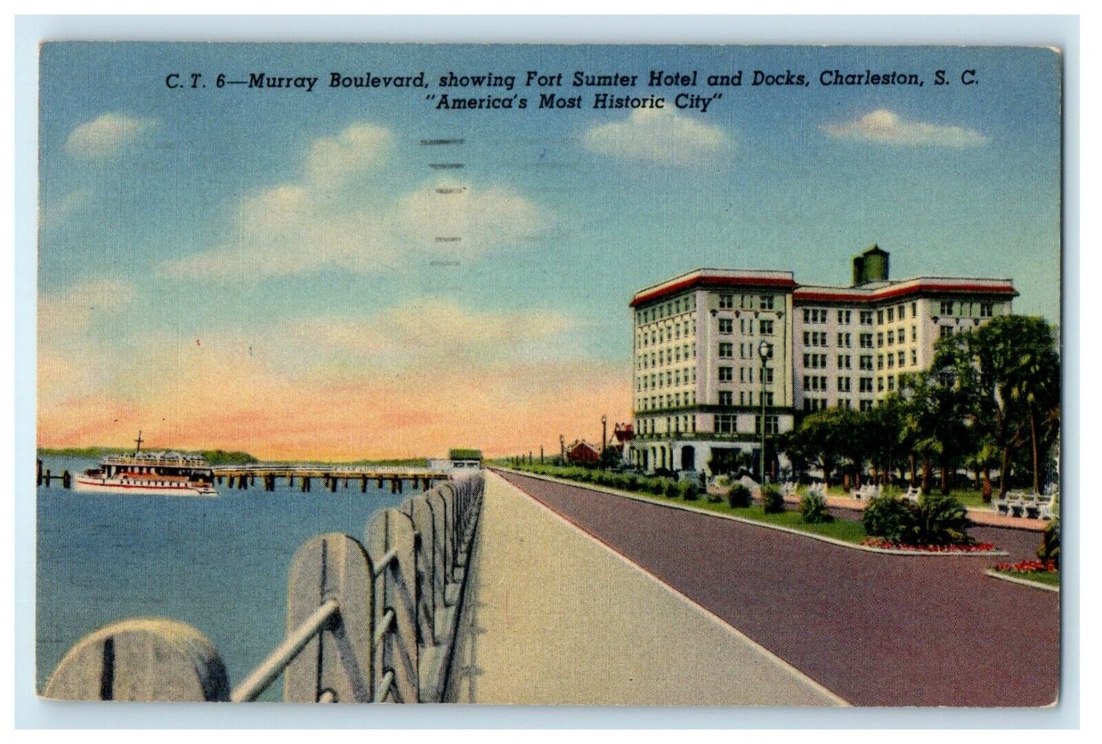 c1950\'s Murray Boulevard Fort Sumter Hotel And Docks Charleston SC Postcard