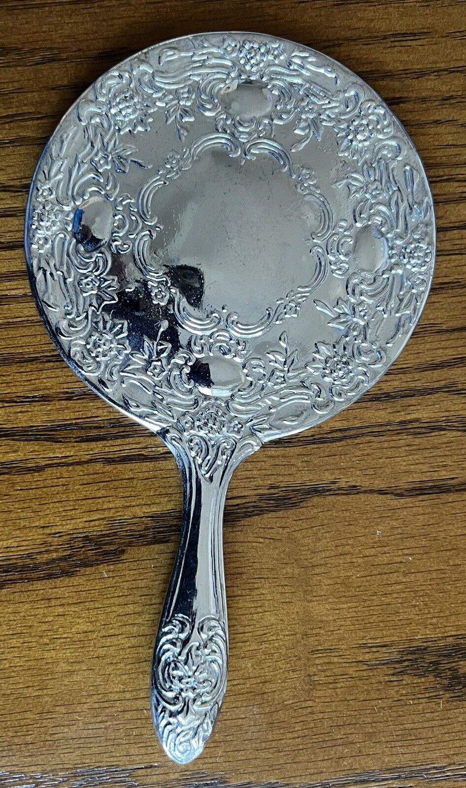 Antique Round Hand Held Vanity Silver Plate Mirror Heavy Ornate Floral Vintage
