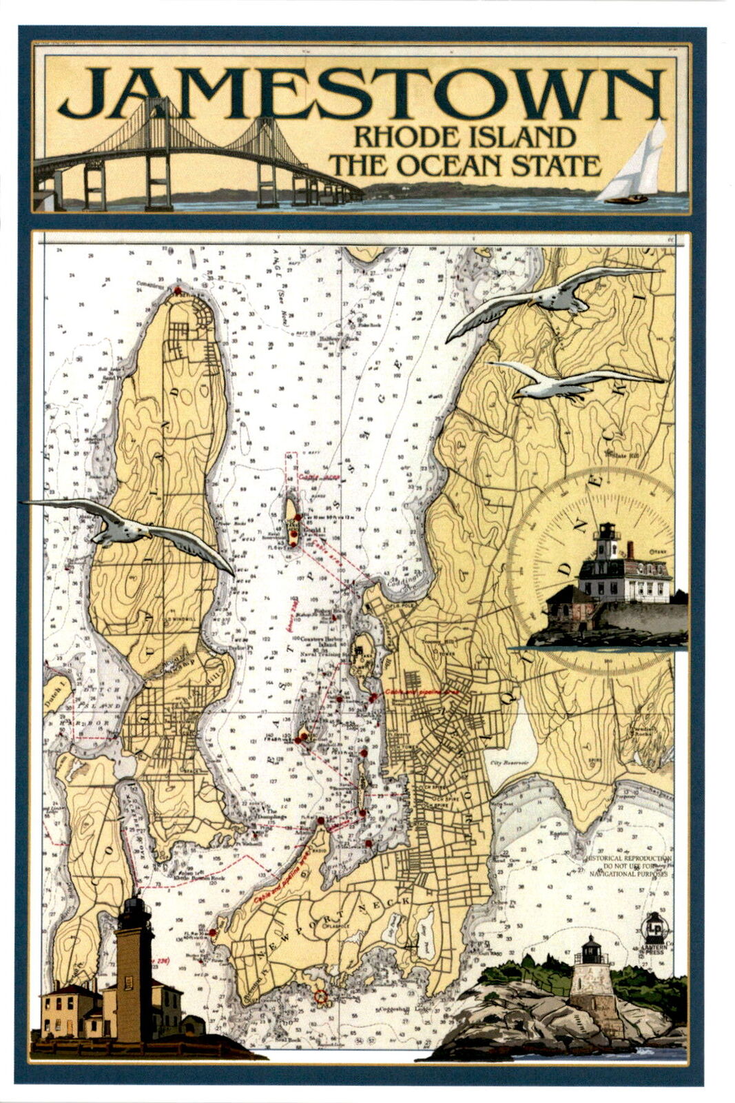 Postcard with historical nautical chart of Jamestown, Rhode Island.