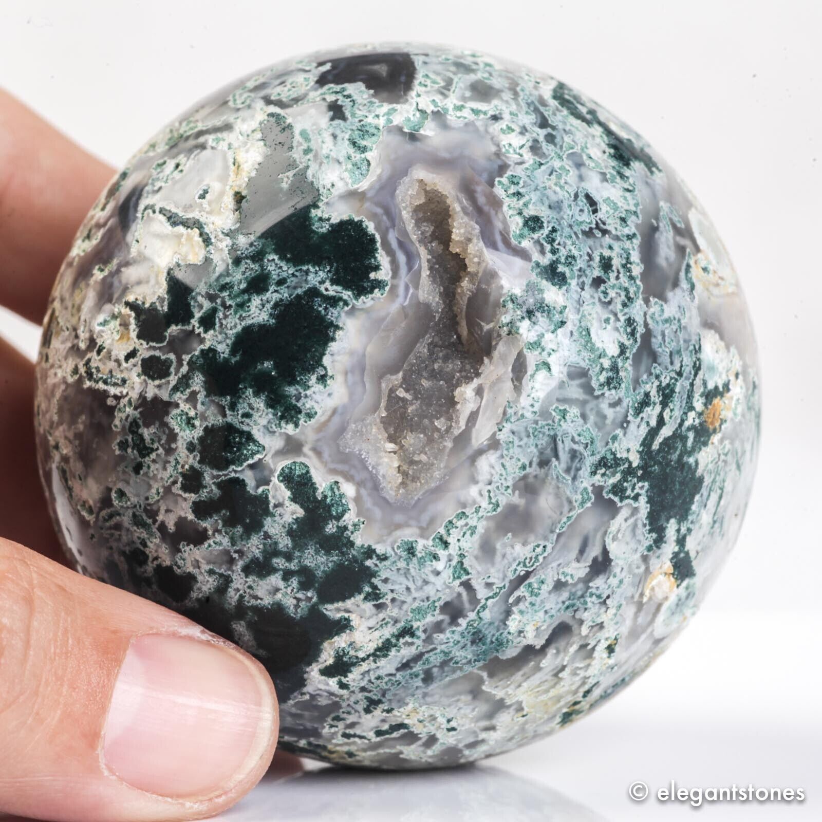 326g 64mm Natural Green Moss Agate Crystal Sphere Quartz Healing Ball Chakra