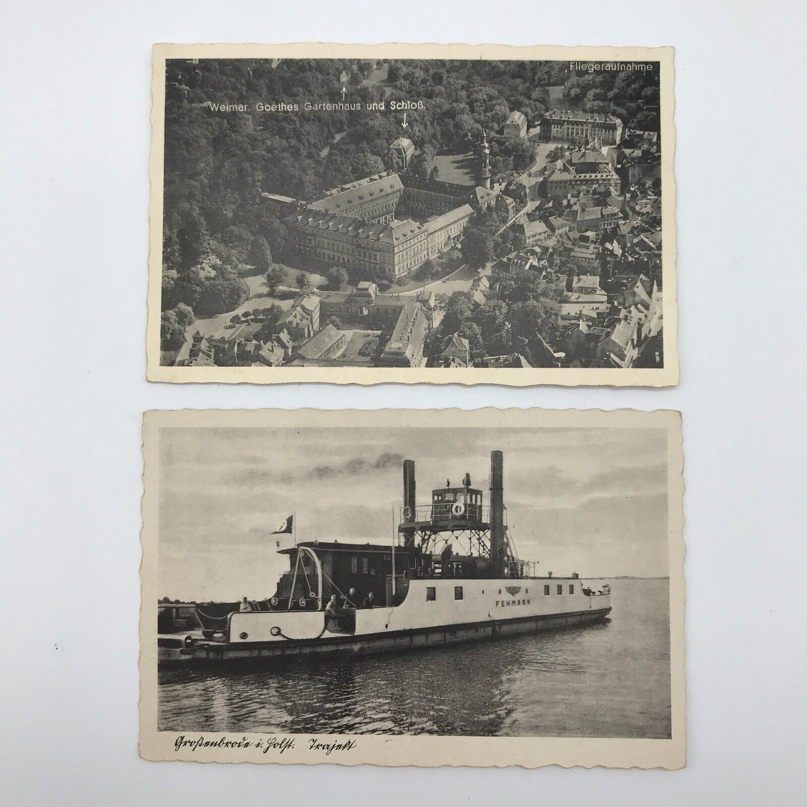 Germany B&W Photo Postcards (set of 2) Weimar Goethe & Fehmarn Island Ferry RPPC