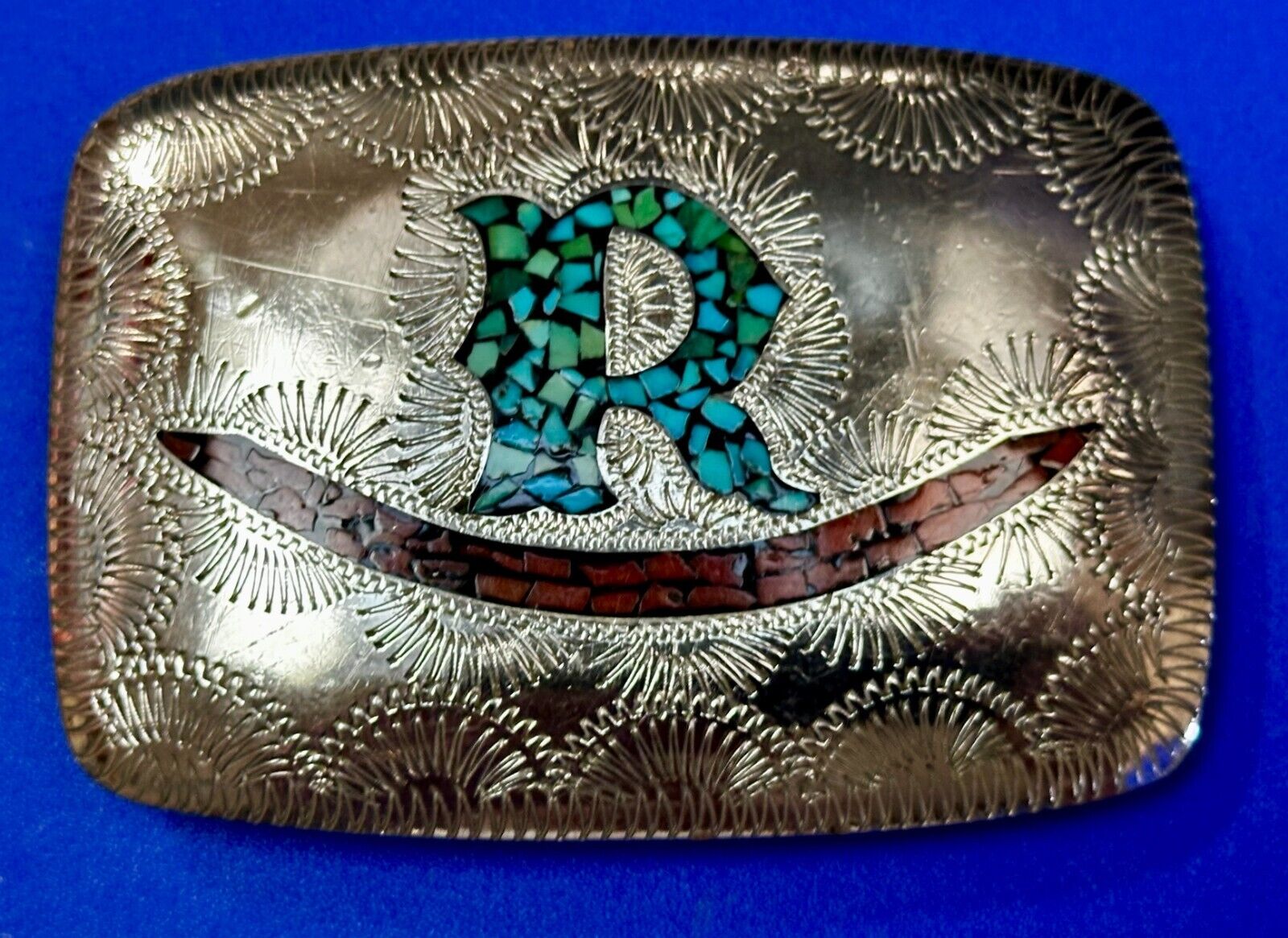 Turquoise & Coral Inlaid Native American Belt Buckle SSH Custom Initial Letter R