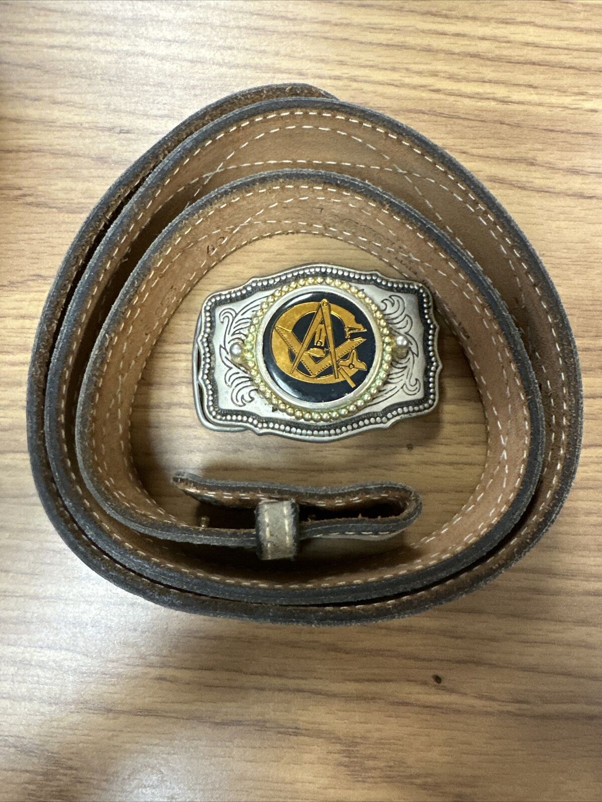 Vintage Masonic Shriners Belt Buckle W/ Texas Nocona Genuine Leather Belt 40 USA