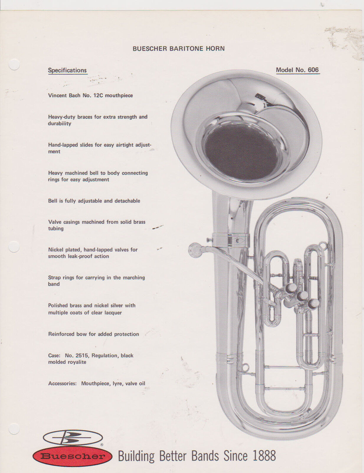 VINTAGE AD SHEET #2522 - 1970s BUESCHER MUSICAL INSTRUMENT - BARITONE HORN