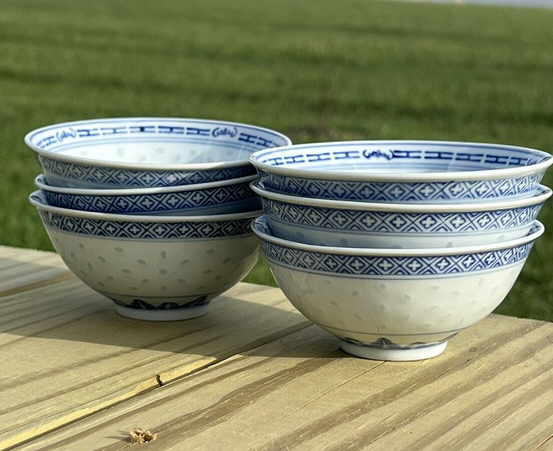 6 VTG Jingdezhen China Rice Grain Blue White Chrysanthemum Porcelain Cup Bowl