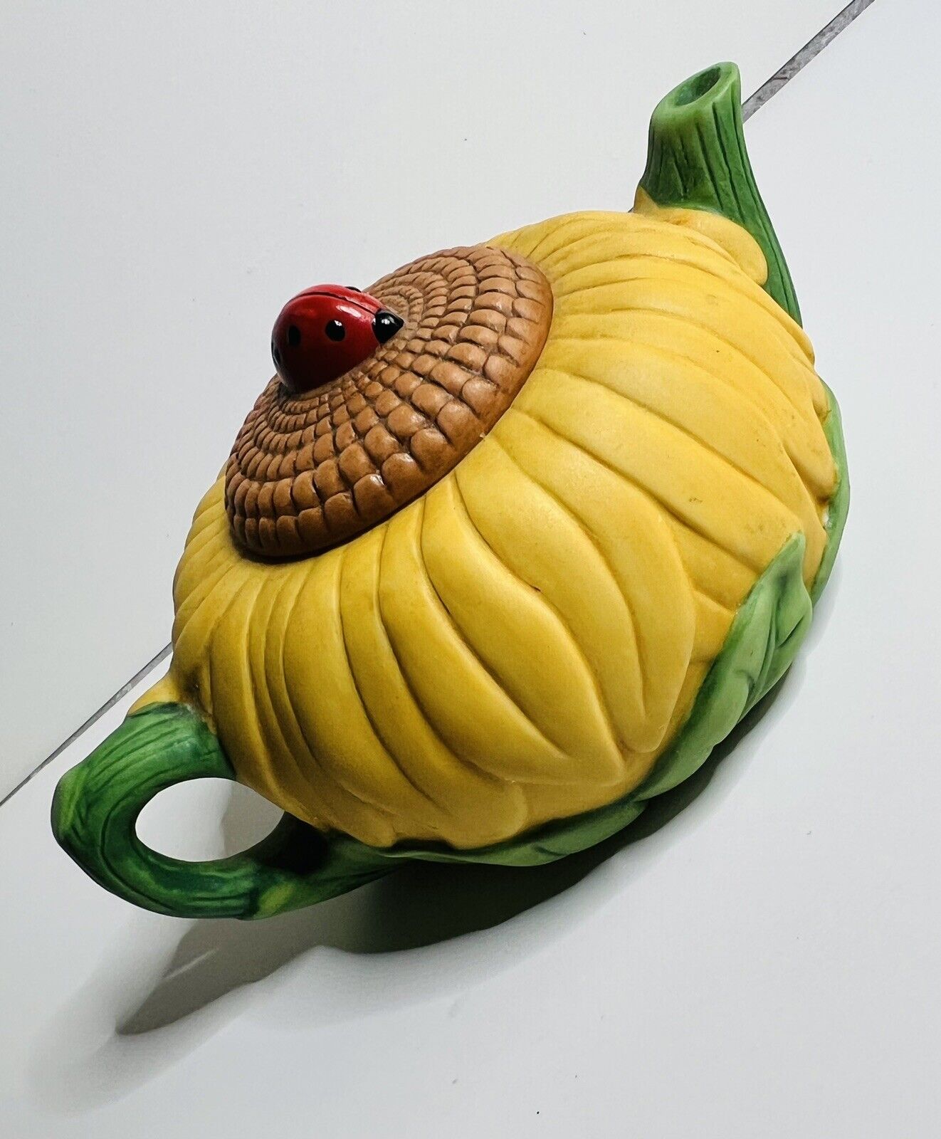 1995 AVON Yellow Sunflower Teapot w/ Red Ladybug Lid Ceramic Miniature ~ 3rd