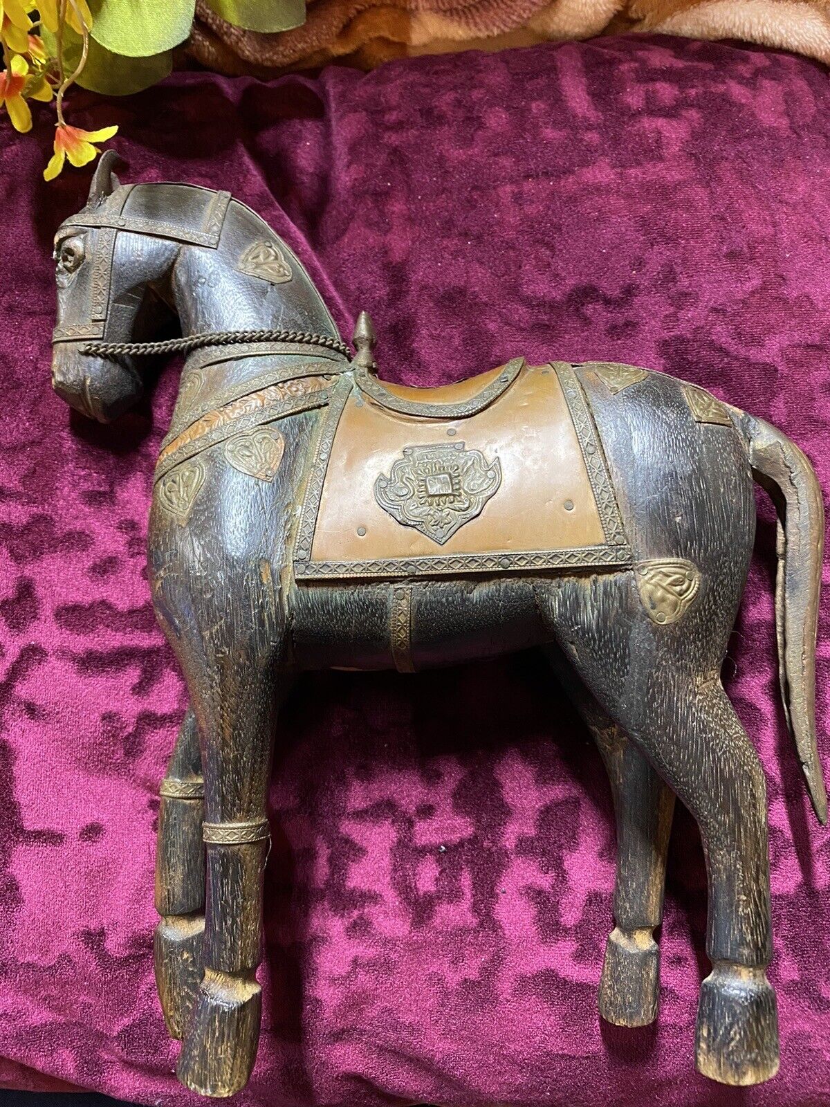 Vintage Wooden Handcarved Horse Hammered & inlaid Brass Absolutely Beautiful