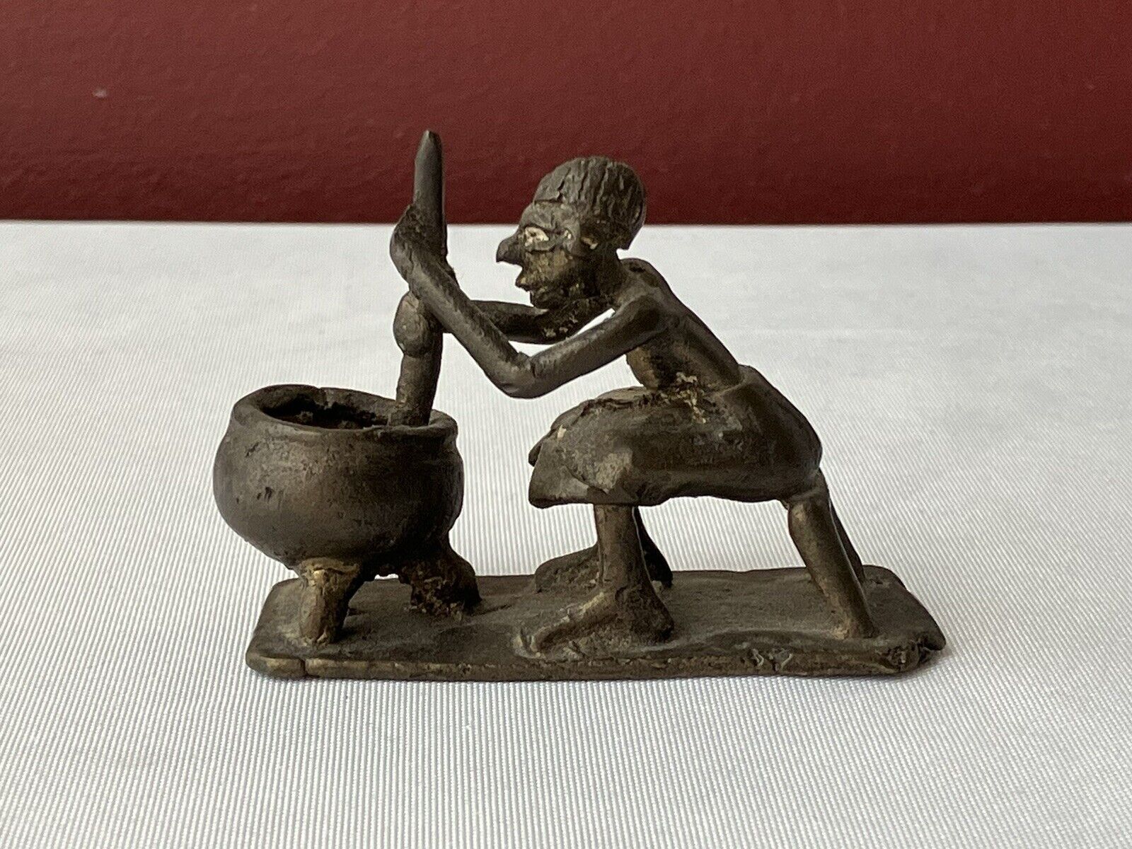 Vintage Miniature Benin Bronze Figurine, Woman Cooking, 2 5/8\