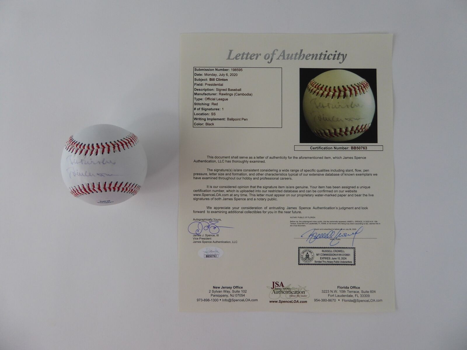 Bill Clinton Signed Autographed Baseball Rawlings Official League JSA LOA FADED