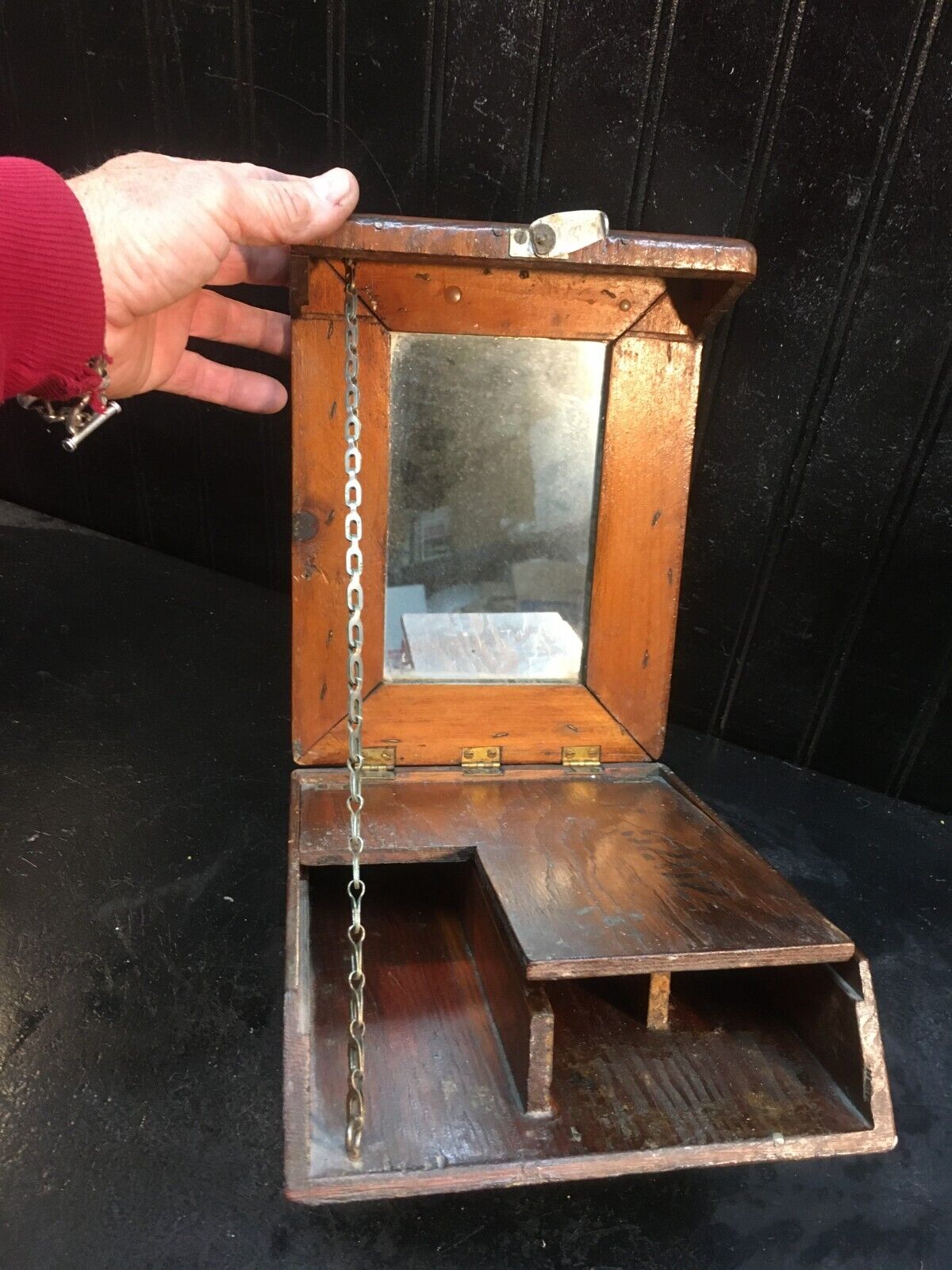 Vintage Wooden Dresser Shaving  WW  1  Vanity Box Fold Out Mirror & Drawer
