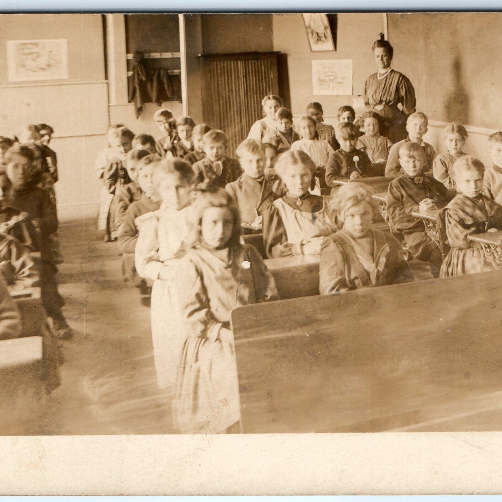 c1910s Pioneer School Classroom RPPC Teacher Grade Stoic Kids Desks Photo A155