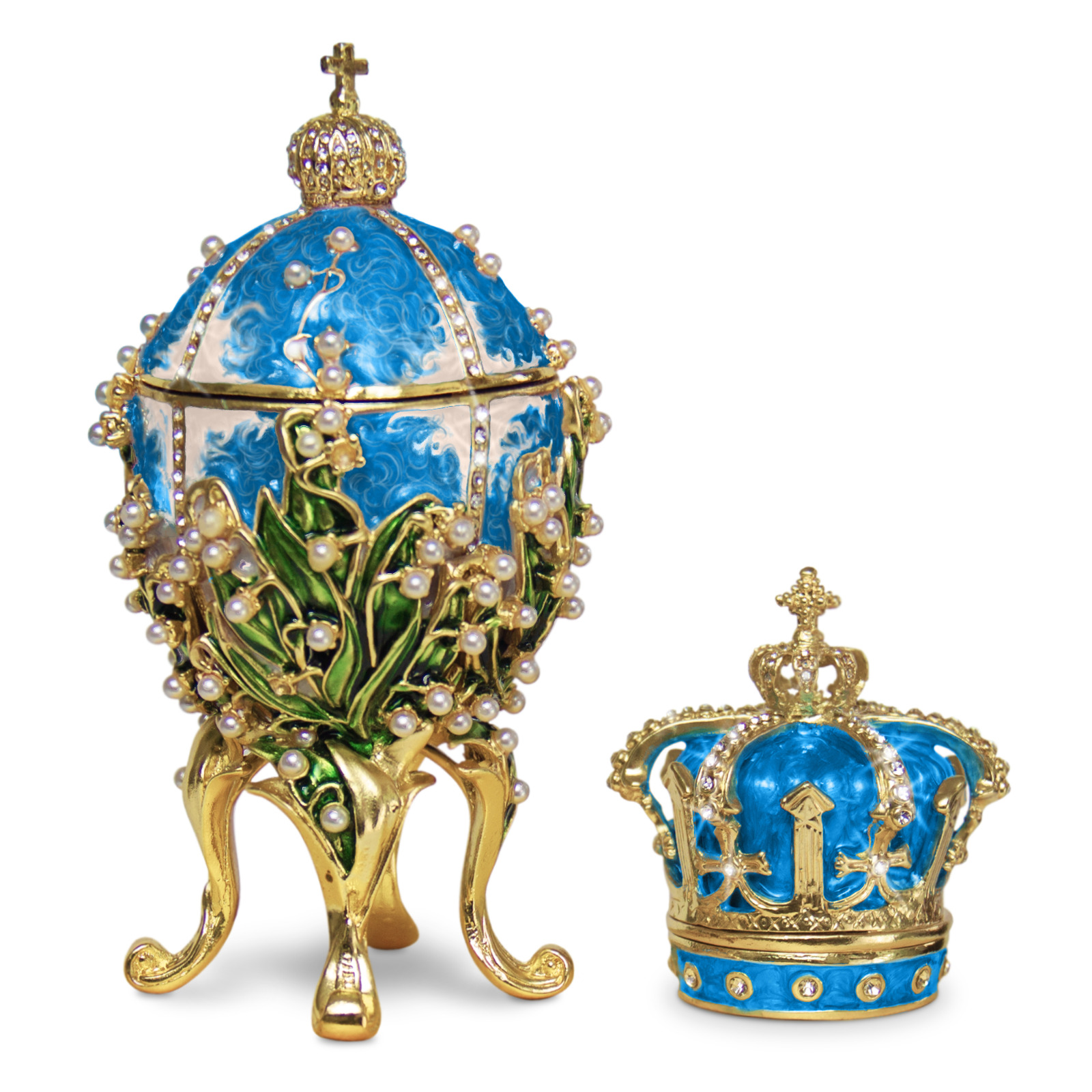 Blue Lilies of the Valley Faberge Egg Replica Extra Large 5.9 inch + Crown