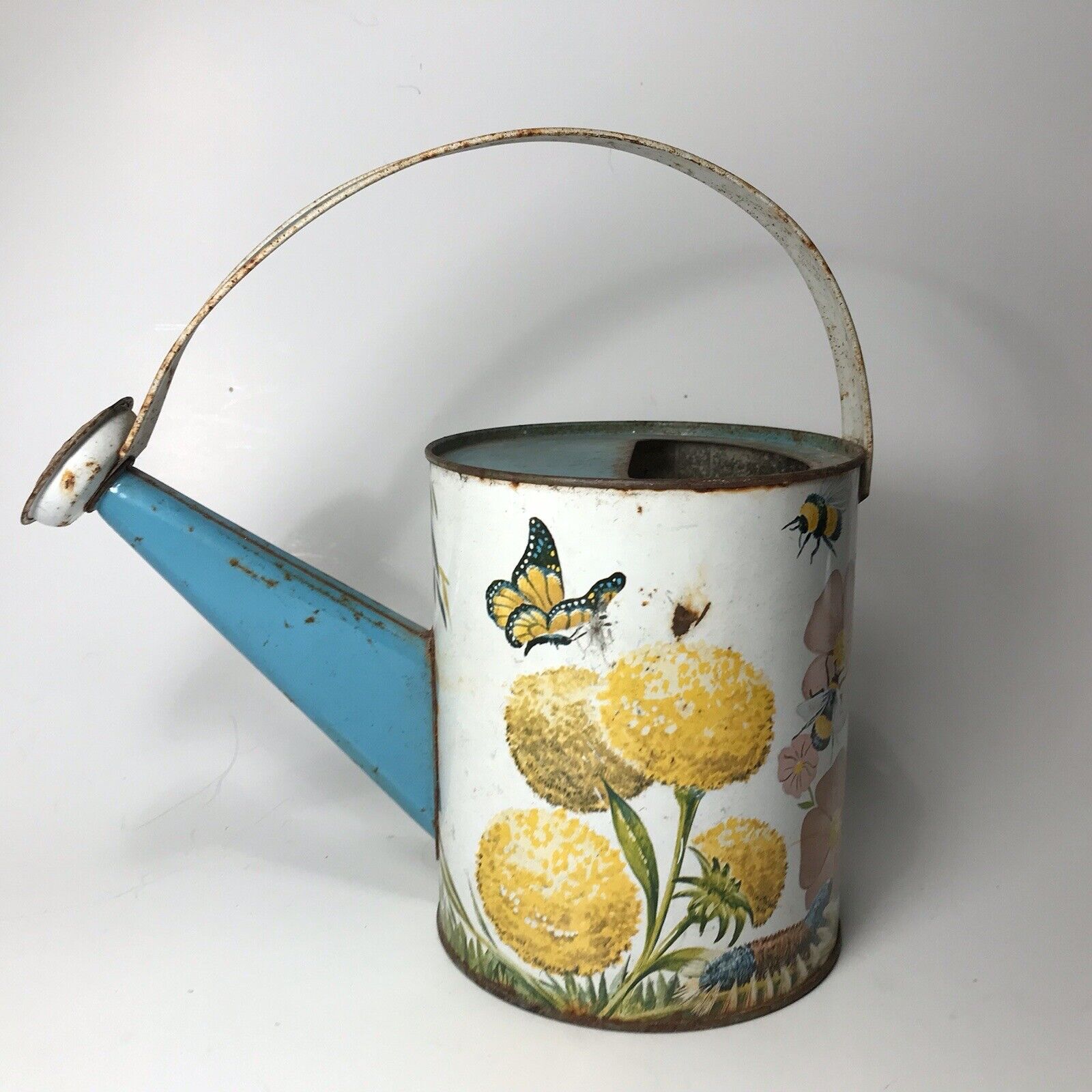 Vintage Child Tin Watering Can Flowers Bees Butterfly Rusty Goodness Planter 10”