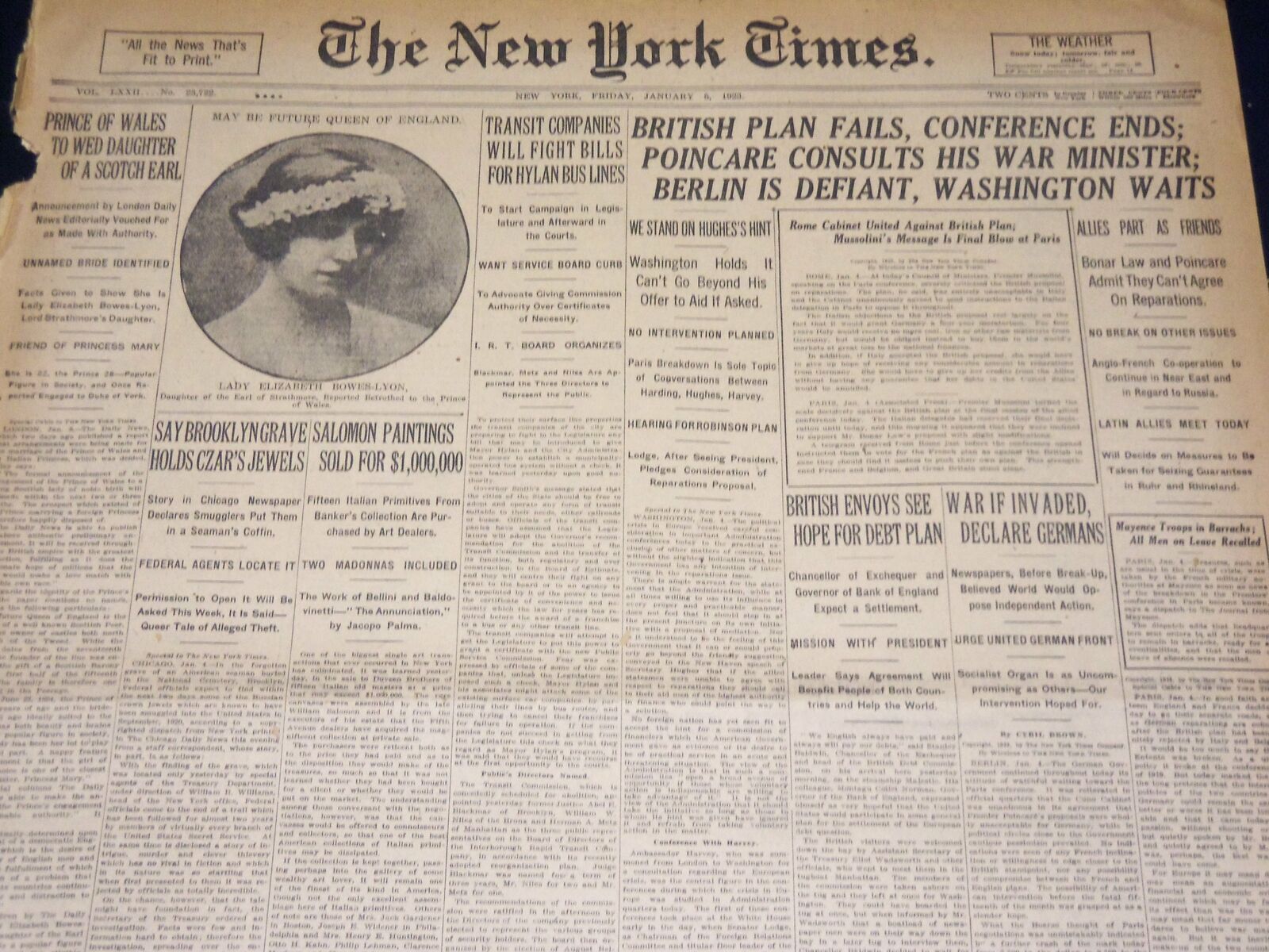 1923 JANUARY 5 NEW YORK TIMES - PRINCE OF WALES TO WED BOWES - LYON - NT 7889