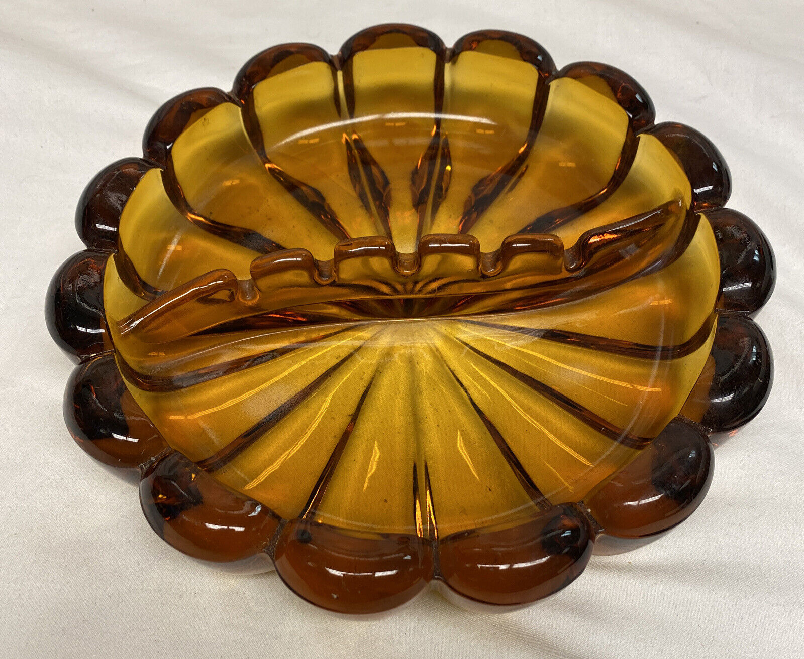 Vintage 60s 70s Amber Heavy Glass Ashtray 8” Diameter 3.5 lbs Thick
