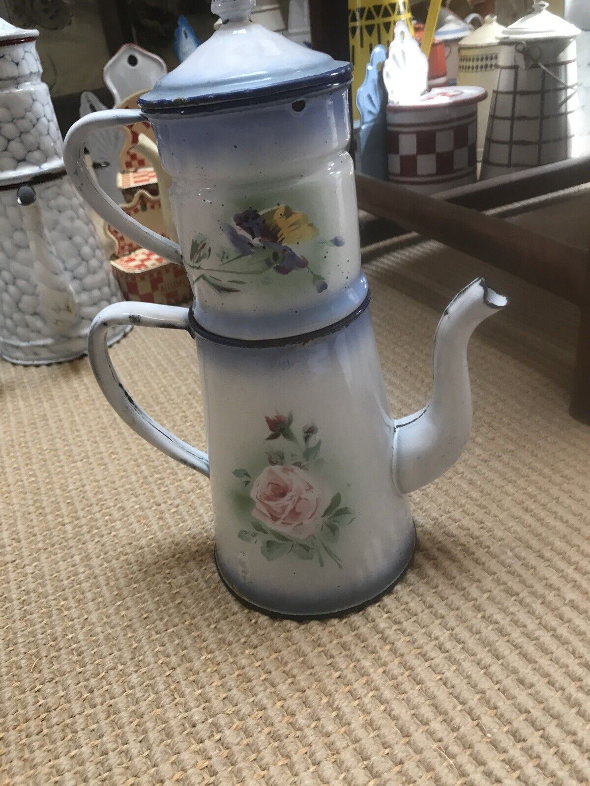 Vintage French Enamelware RARE cafetiere with FLOWERS, 2 HANDLES.