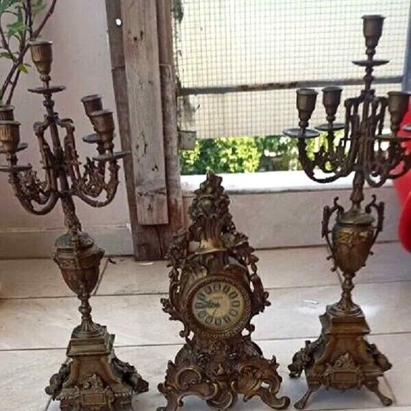 Antique bronze mantel clock with two five-horn candelabra clock functional set