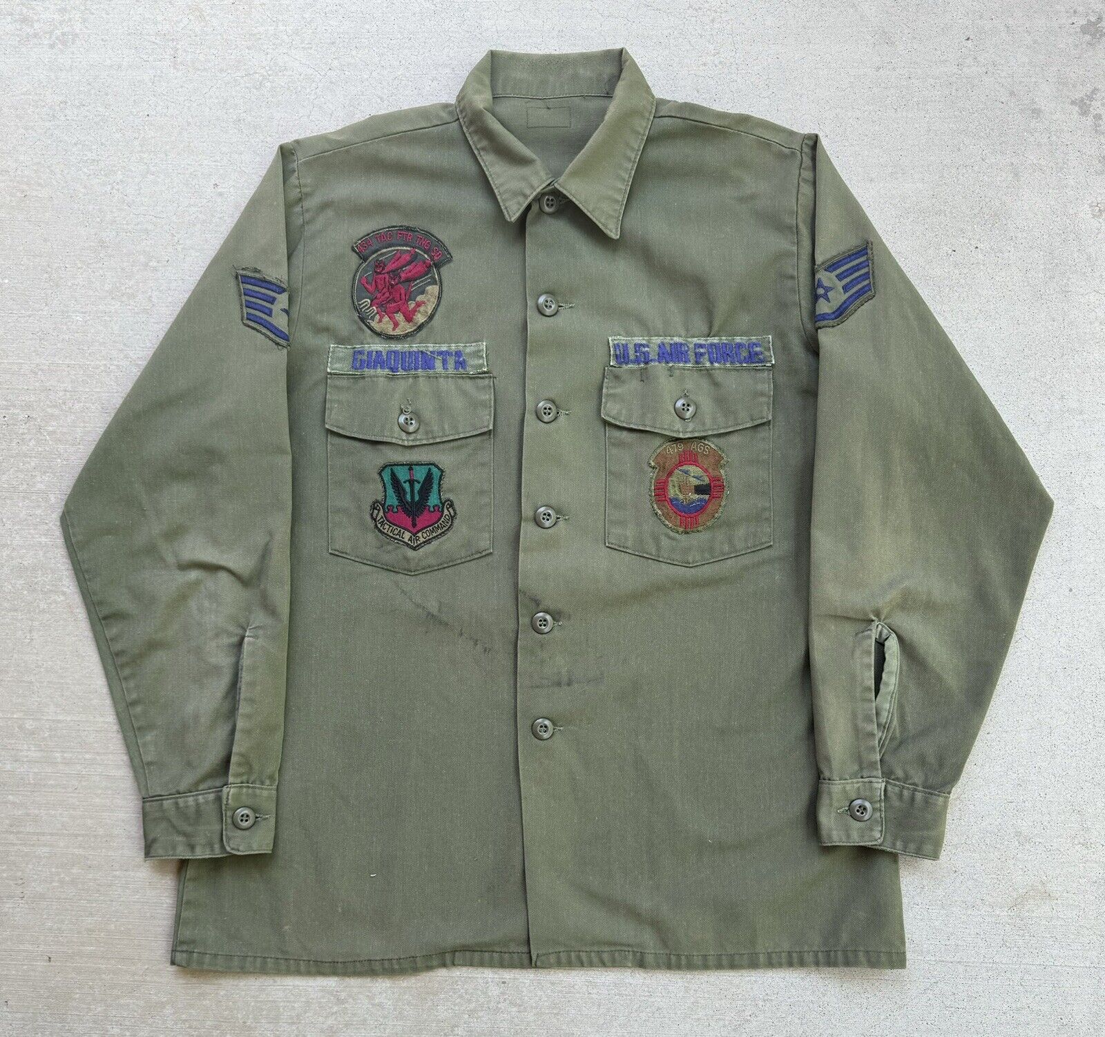 Vintage Military Shirt XL OG-507 Green Utility Long Sleeve Button Up Patches