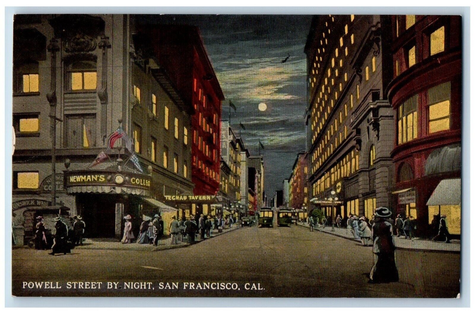 San Francisco California Postcard Powell Street Night Moon c1910 Vintage Antique