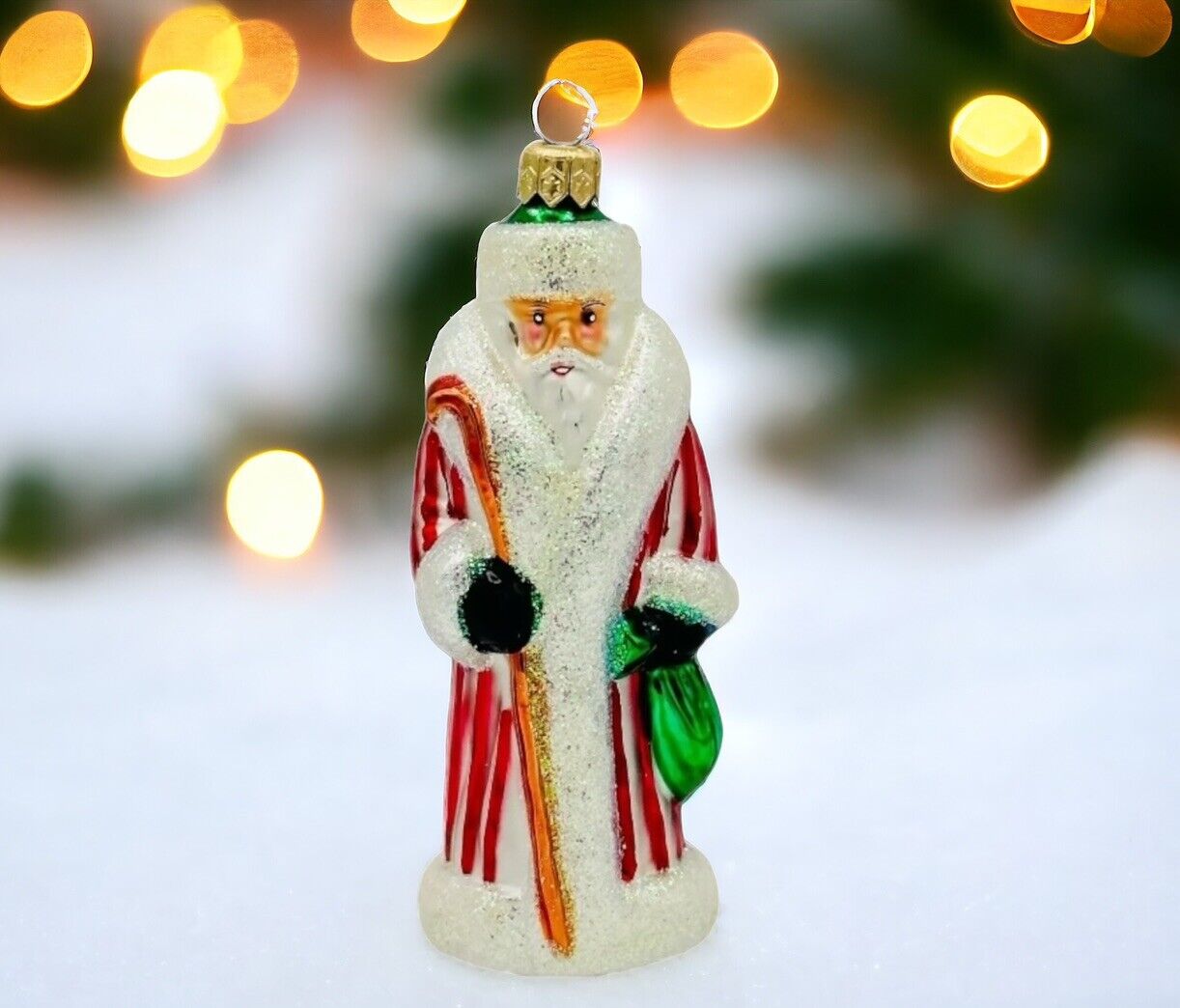 Christopher Radko Striped Russian/Siberian Santa Glass Christmas Ornament 5.25”