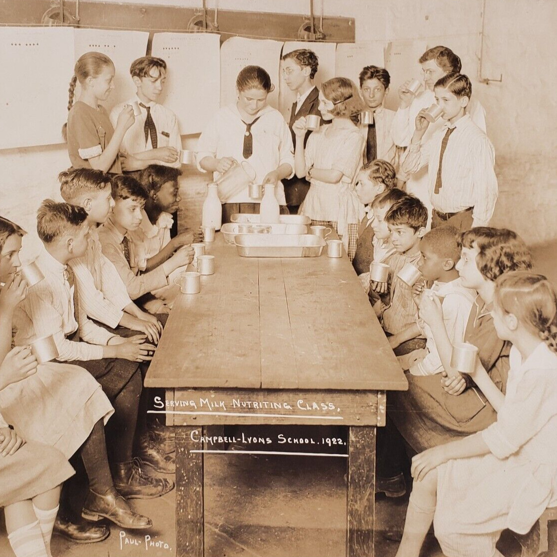 Kids Drinking Milk Class Photo 1920s Philadelphia School Dairy Children PA A225