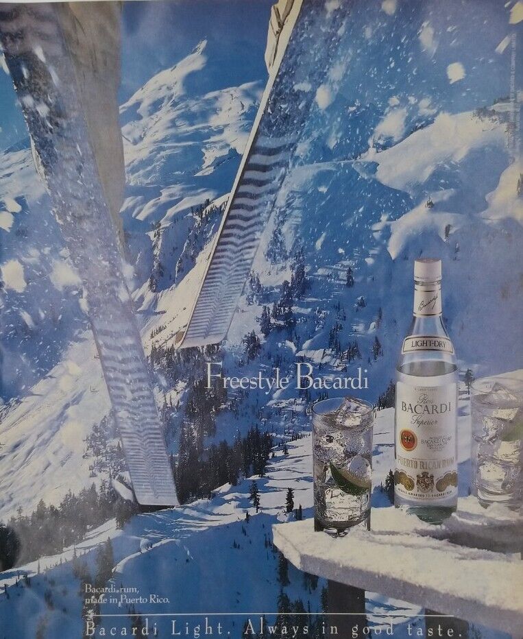 1990 Print Ad Bacardi Light Rum Liquor Bar Ski Skiing Snow Slopes Winter Color