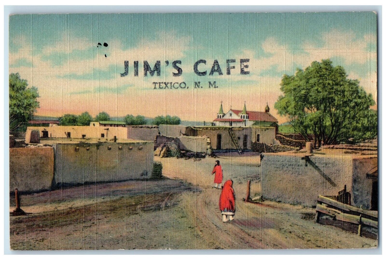 1950\'s Jim\'s Cafe Dirt Road Building Cross Tower Texico New Mexico NM Postcard