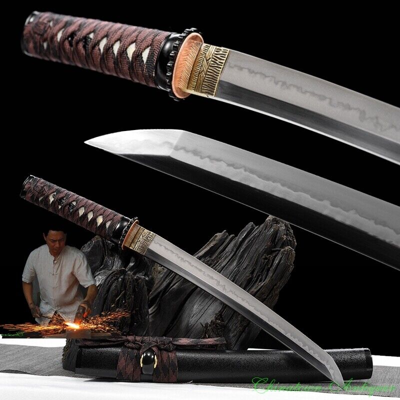 20'' Katana Tanto Short Sword Clay Tempered T10 Steel Samurai Sword Sharp #1194