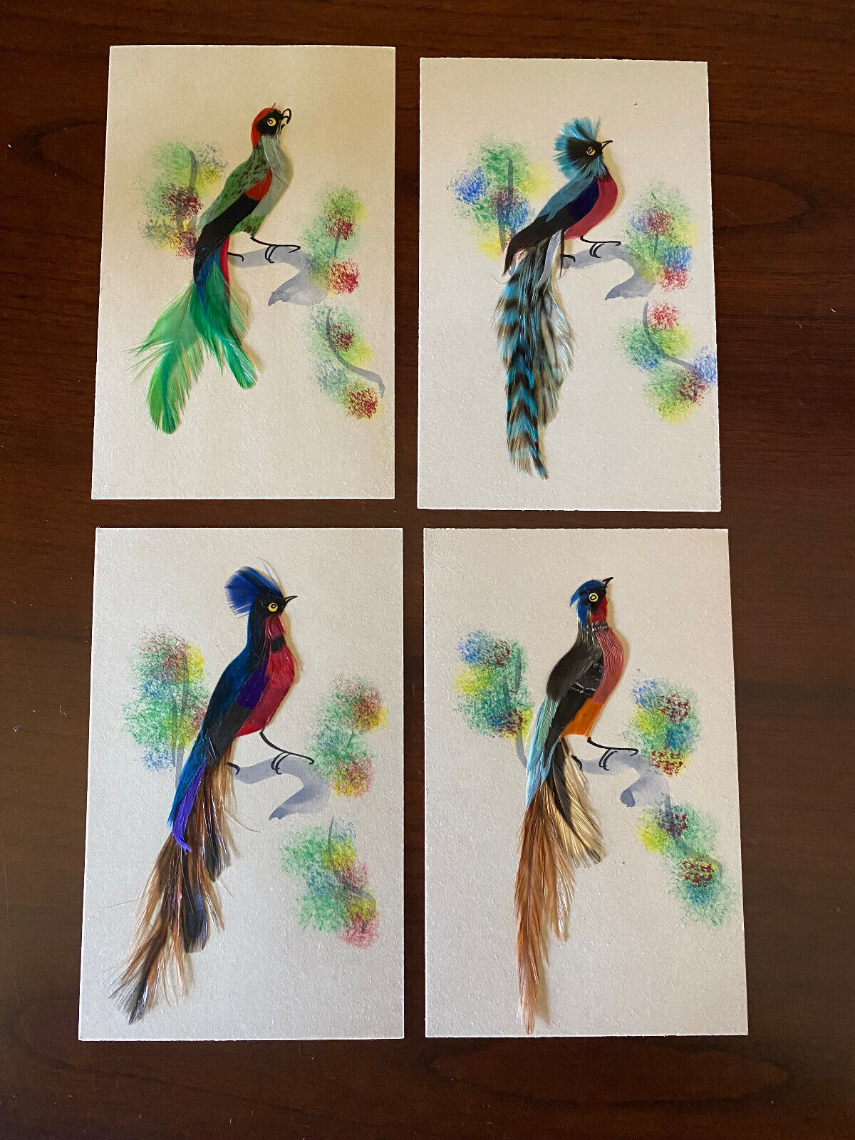 Lot of 4 Vintage Bird Paintings - Real Feathers - LOT OF 4