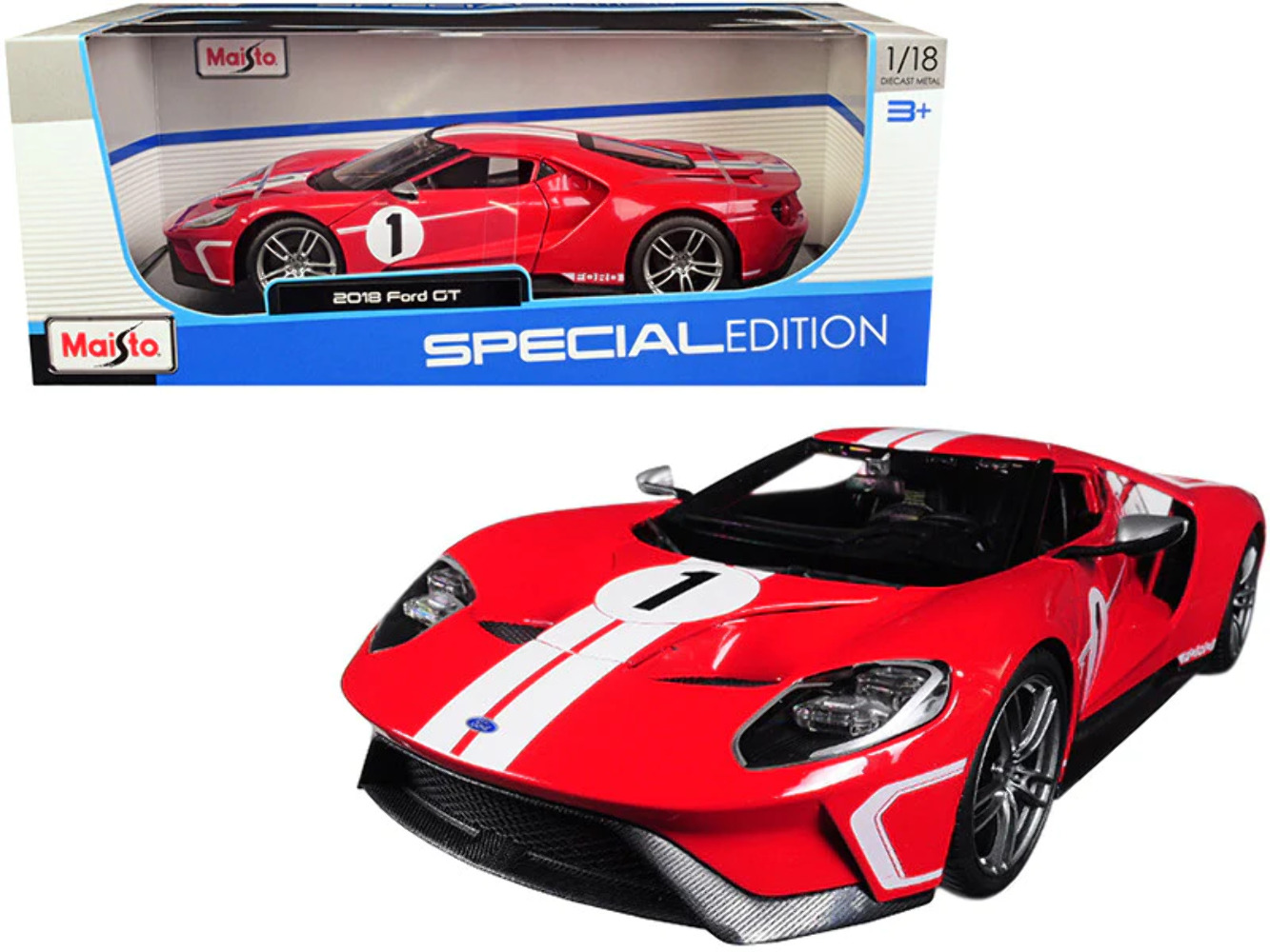 2018 Ford GT #1 Red with White Stripes Heritage Special Edition 1/18 Diecast Mod