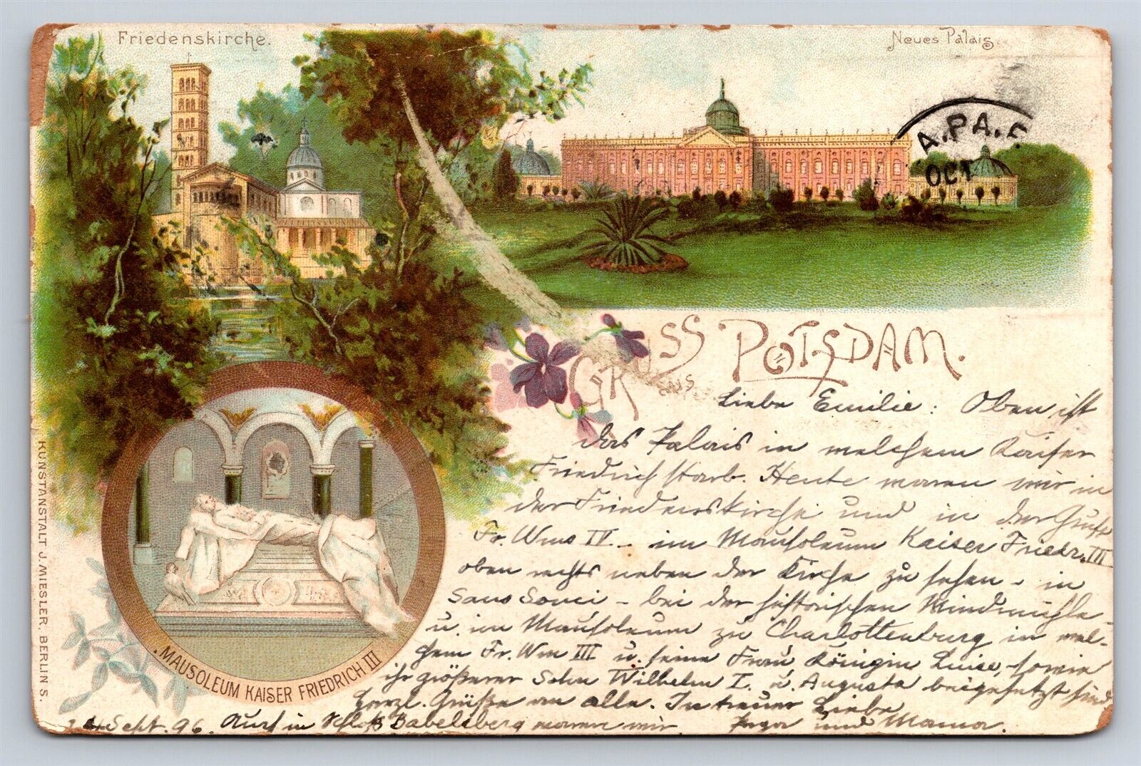 Postcard Germany Gruss aus Potsdam Kaiser Freidrich III Mausoleum c1896 AD30