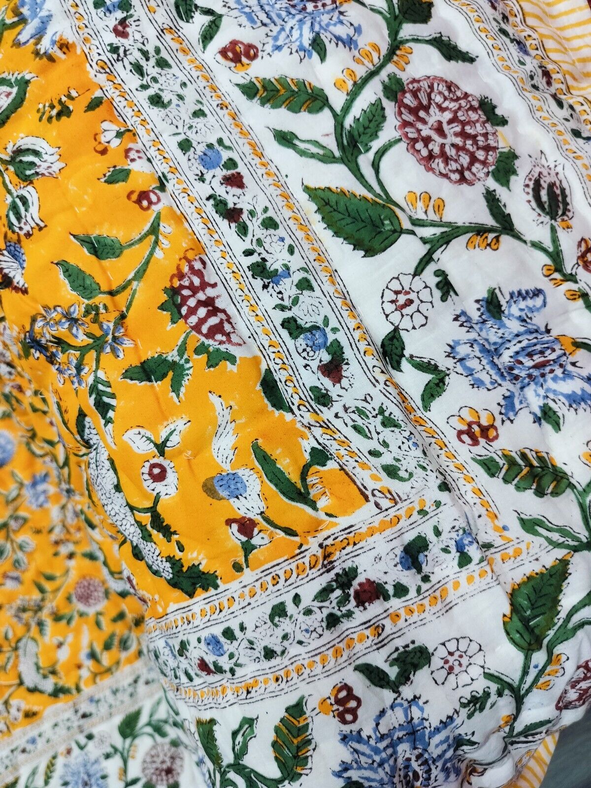 Yellow Blanket Indian Cotton Kantha Block Print Blanket Reversible Quilt Soft