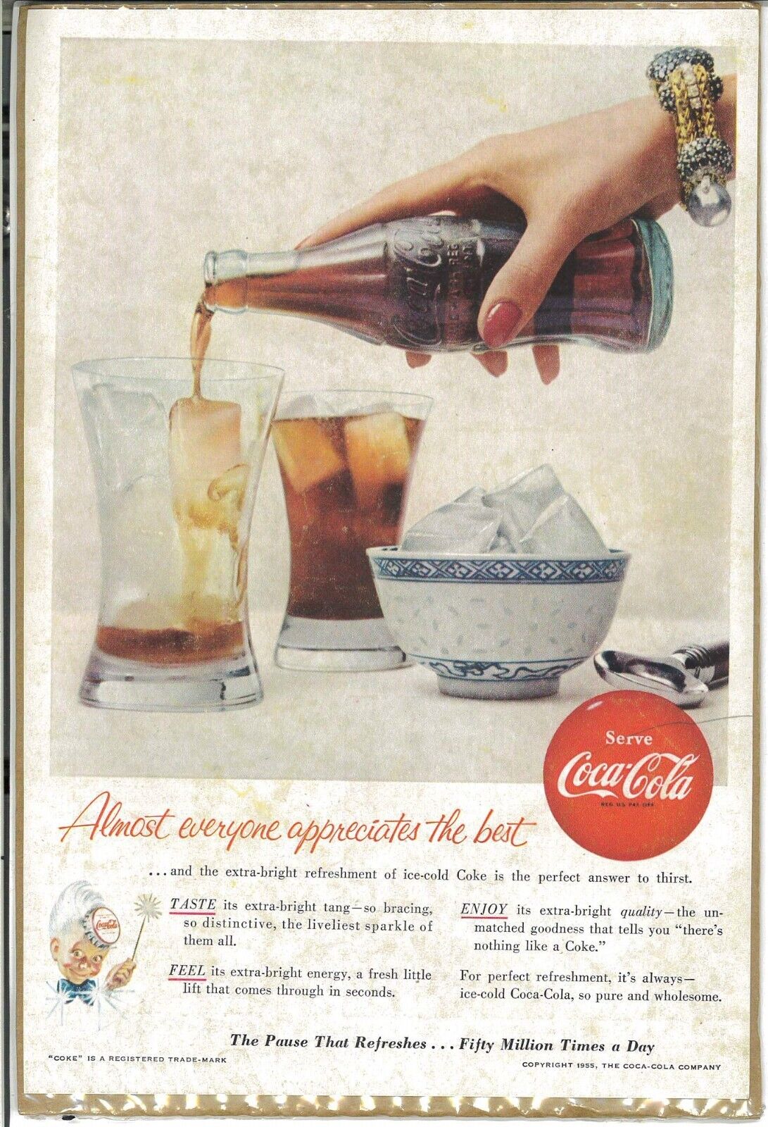 1955 Coca-Cola Soda Vintage Print Ad Sprite Boy Coke Bottle Ice Opener Glass