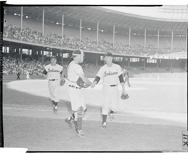 Herb Score Shaking Hands with Jim Hegan 1955 Photo - Strikeout King. Cleveland,
